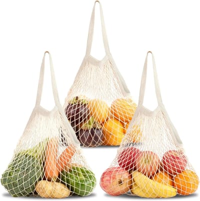 Duurzame Vouwbare Netten voor Boodschappen, Set van 3, Beige, Herbruikbare Tas voor Fruit en Groenten, Ideaal voor Winkelen en Transporteren