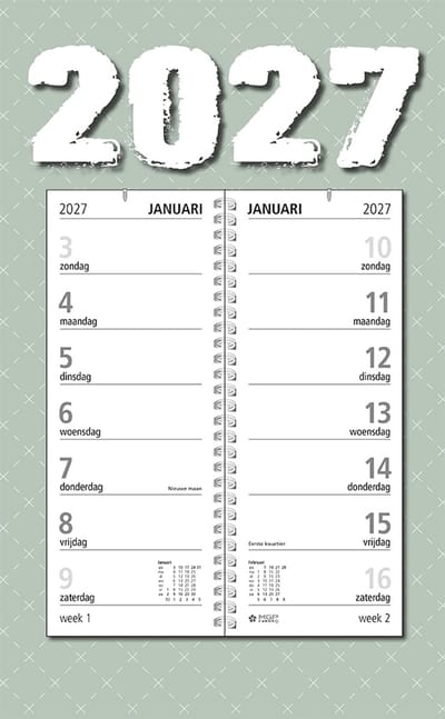 MGPcards - Omlegweekkalender 2027 - Week begint op zondag - 21 x 34 cm - Groen