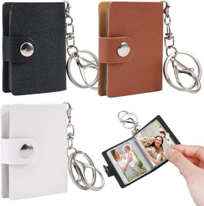 Mini Fotoalbum Set met Sleutelhanger, Persoonlijk DIY Album, Draagbaar met 10 Compartimenten, PVC Wit, Zwart, Bruin en Perfect voor Herinneringen