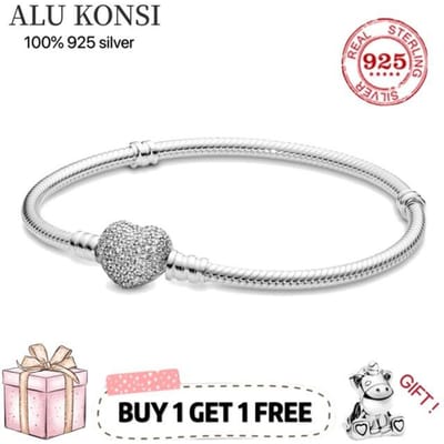 Uitverkoop Echte 100 %925 Sterling Zilveren Pan Armband Liefde Hart Kristallen Armband Voor Vrouwen Past Originele Diy Bedel Sieraden 19cm white