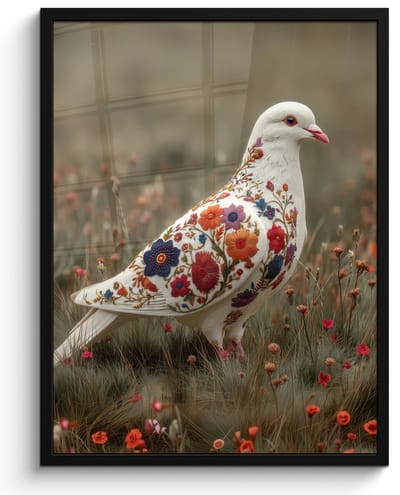 Poster in lijst - Fotolijst 60x80 cm - Posters - Duif - Bloemen - Natuur - Posterlijst zwart - Decoratie - Wanddecoratie woonkamer - Muurdecoratie slaapkamer