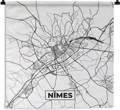Wandkleed - Wanddoek - Stadskaart - Plattegrond - Kaart - Frankrijk - Nîmes - Zwart wit - 180x180 cm - Wandtapijt