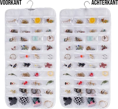 Allernieuwste.nl® Sieraden Organizer Dubbelzijdig Opbergsysteem Hanger - 2x 40 vakjes Oorbellen Kettingen Juwelen - 80 vaks Kleur Wit