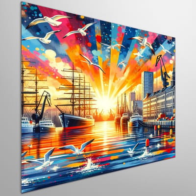 Acryl haven schilderij | Haven Reflections: A Vivid Acrylic Masterpiece of Maritime Beauty | Kunst - 60x60 centimeter op Dibond | Foto op Dibond