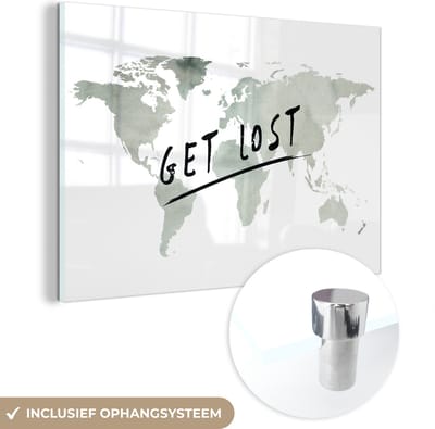 ® Glasschilderij 120x80 cm - Schilderij acrylglas - Wereldkaart - Quote - Grijs - Foto op glas - Muurdecoratie woonkamer - Wanddecoratie slaapkamer - Schilderijen