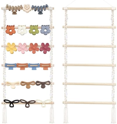 Dailygoods- Haarklauwcliphouder grote opslag - Wandgemonteerde Organizer - 10 Clips inbegrepen - Katoenen Touw - Ruimtebesparend Ontwerp - Stevige Houten Stokken - Haarcliphouder