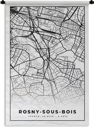 Wandkleed - Wanddoek - Kaart - Plattegrond - Rosny-sous-Bois - Frankrijk - Stadskaart - Zwart wit - 120x180 cm - Wandtapijt