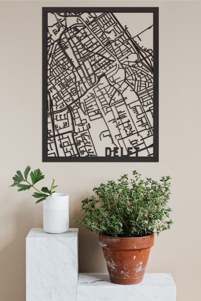 Houten Stadskaart Delft Zwart Mdf 100x75cm Wanddecoratie Voor Aan De Muur City Shapes