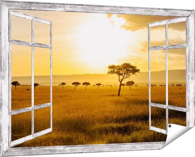 Gards Tuinposter Doorkijk Zonsondergang in de Savanne - 150x100 cm - Tuindoek - Tuindecoratie - Wanddecoratie buiten - Tuinschilderij