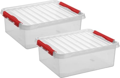 2x stuks sunware q-line opberg box/opbergdoos - 25 liter - 50 x 40 x 18 cm - kunststof - opslagbox - transparant/rood