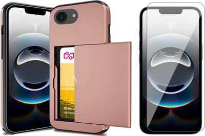 Hoesje met Pasjeshouder geschikt voor iPhone 16e - Screen Protector GlassGuard - Back Cover SlideCase Roségoud & Screenprotector