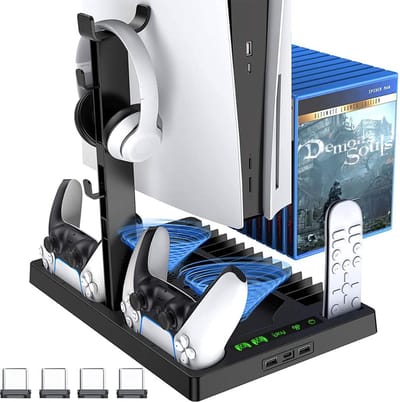 Playstation 5 standaard met ventilator en headset houder geschikt voor: PS5-console | PS5 Joystick oplader | PS5 Ultra HD, Dual PS5 Controller - oplaadstation, Touchscreen-indicator, 15 gameslots