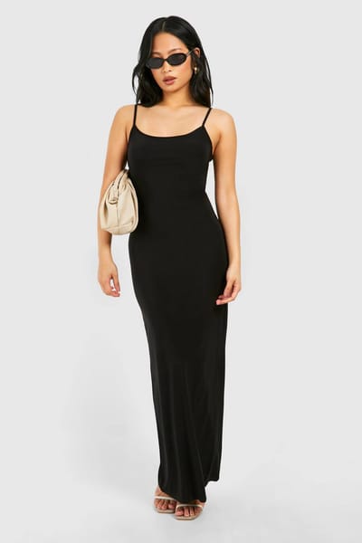 boohoo Dames Petite Scoop Neck Strappy Maxi Jurk | Zwart | Maat: 38