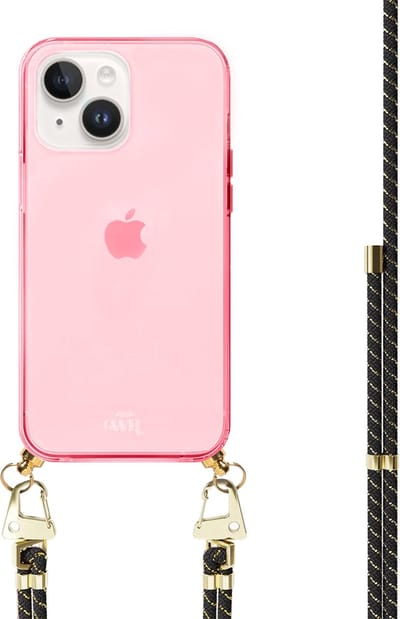 xoxo Wildhearts silicone case met koord - Roze telefoonhoesje met koord - telefoonketting - Gold Goddess - Cord Case - geschikt voor Apple iPhone 13 - Zwart koord met gouden accenten