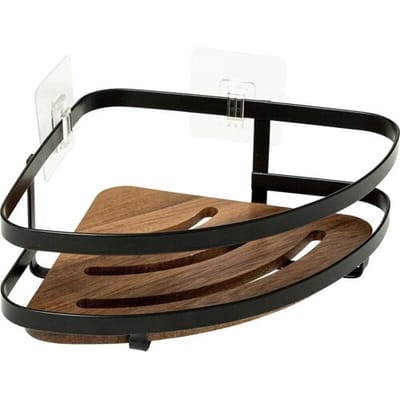 5Five Badkamer douche rekje organizer - zwart metaal/acacia hout - kleefstrip - 20 x 20 x 7 cm - hoek plaatsing