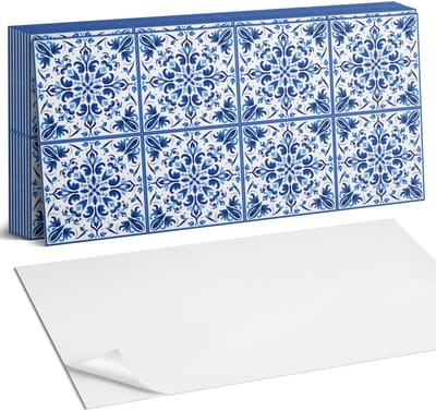 Coloray Plaktegels - Bloemmotief in symmetrie Zelfklevende Wandtegels - 40 cm x 20 cm - Blauw Plaktegels - 10 stuks - Rechthoek PVC Tegels - Plaktegels Badkamer - Vloertegels Zelfklevend - Vinyl Tegels Zelfklevend - Portugese Tegels