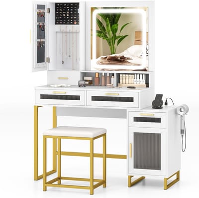 COSTWAY Make-uptafel met ledverlichting, kaptafel met laadstation, sieradenkast, kruk, spiegel, laden, kast, open vakken en haardrogerhouder, cosmeticatafel, wit