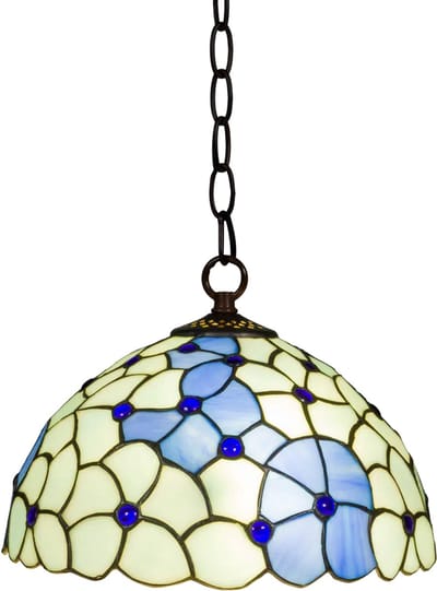 Tiffany hanglamp bloemmotief - Crème-blauw - Ø 30 cm - Glas in lood - Warm licht - Inclusief ketting en plafondplaat - Pendellamp | RORUVERA