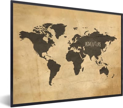 Poster in lijst - Fotolijst 40x30 cm - Posters - Wereldkaart - Retro - Bruin - Posterlijst zwart - Decoratie - Wanddecoratie woonkamer - Muurdecoratie slaapkamer