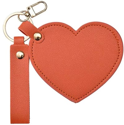 Make-up Spiegel Sleutelhanger Hart Oranje – Compacte Zakspiegel Dames – Leren Mini Spiegel – Sleutelhanger Spiegel – Cadeau voor Vrouwen