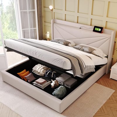 Bed met opbergruimte - Linnen bedbox Slaapbank - Opbergen en slapen - Stevige metalen constructie - 140 x 200 cm
