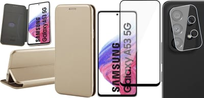 Hoesje geschikt voor Samsung Galaxy A53 - Book Case Kunstlederen Wallet Cover Minimalistisch Pasjeshouder Hoes Goud - Full Tempered Glass Screenprotector - Camera Lens Protector