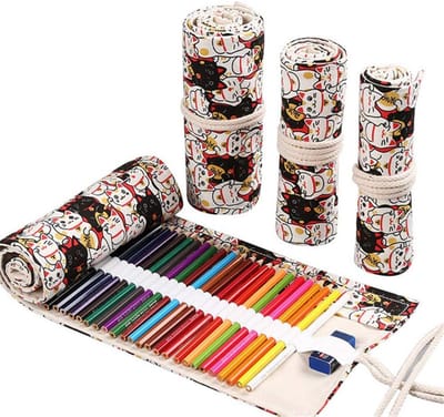Potlodenhouder Rol Etui - Canvas Pennen Pouch - Creatief Tekenen - Handgemaakte Unieke Prints - 24 Gaten 20x34cm - Verschillende Kleuren