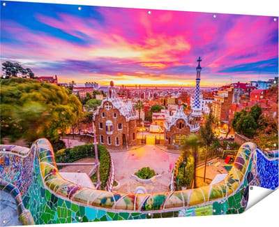 Gards Tuinposter Park G�ell Uitzicht op Barcelona - 180x120 cm - Tuindoek - Tuindecoratie - Wanddecoratie buiten - Tuinschilderij
