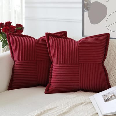 Famanu – Corduroy kussenslopen - set van 2 - moderne patchwork kussenslopen - zachte kussensloop - brede decoratieve getextureerde kussens voor huisdecoratie - bank - slaapkamer - bank - wijnrood - 45 x 45 cm