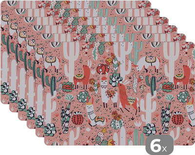Placemat - Placemats kunststof - Patroon - Jungle - Lama - 45x30 cm - 6 stuks - Hittebestendig - Anti-Slip - Onderlegger - Afneembaar