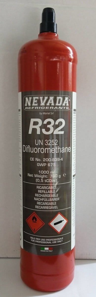 R32 gasvulling, nettogewicht 780 g, 1/2 mannelijke cilinderklep