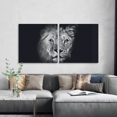 Modern Schilderij Woonkamer - Poster op canvas schilderij Leeuw en Leeuwin - Tweeluik - 60 x 60 cm - zwart wit