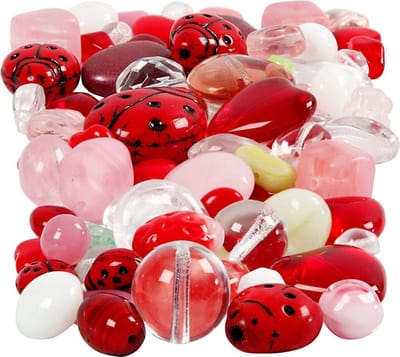 Glazen kralen, Lieveheersbeestjes, blaadjes, harten, afm 5-22 mm, gatgrootte 0,5-1,5 mm, diverse kleuren, 60 gr