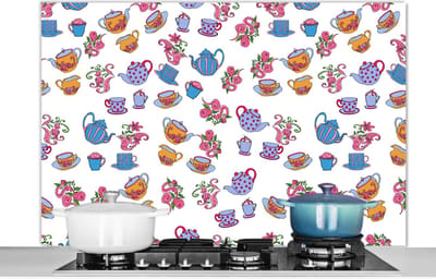 Spatscherm keuken 120x80 cm - Kookplaat achterwand Patronen - Thee - Rozen - Theepot - Muurbeschermer - Spatwand fornuis - Hoogwaardig aluminium