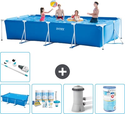 Intex Rechthoekig Frame Zwembad - 450 x 220 x 84 cm - Blauw - Inclusief Solarzeil - Onderhoudspakket - Zwembadfilterpomp - Filter - Stofzuiger - 6-delig