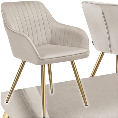 tectake® Eetkamerstoel Marilyn - Gestoffeerde Stoel in Fluweellook - Doorgestikt - Zwarte Stoelpoten - Ergonomische Keukenstoel - Met Doorlopende Rugleuning en Armleuningen - Stoel voor Woonkamer, Eetkamer, Slaapkamer - Taupe