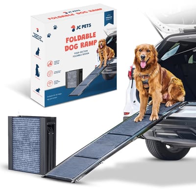 JC Pets Hondentrap - Hondenloopplank voor Auto – Hondentrapje voor Hond - Opvouwbare Loopplank voor Grote Honden - Lichtgewicht Aluminium – Antislip Tapijt – Tot 113 kg Draagkracht – Inklapbaar & Draagbaar – Met Veiligheidsriem – Grijs/Zwart