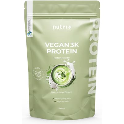 nutri+ Vegan 3K Protein - Eiwitpoeder Matcha Latte - Veganistisch proteïnepoeder - met proteïnen uit soja, erwten en zonnebloem - lactosevrij en glutenvrij - 1000 g