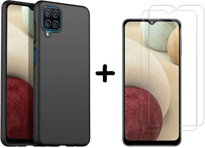 Screenprotector Geschikt voor Samsung Galaxy A12 siliconen cover - Galaxy A12 TPU Back case Zwart met Galaxy A12 met Screenprotector 2 stuks