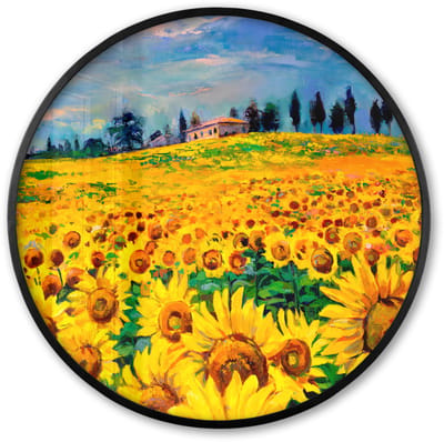 Poster in lijst Rond - Fotolijst 60x60 cm - Posters - Olieverf - Schilderij - Bloemen - Zonnebloem - Ronde posterlijst zwart - Decoratie - Wanddecoratie woonkamer - Muurdecoratie slaapkamer