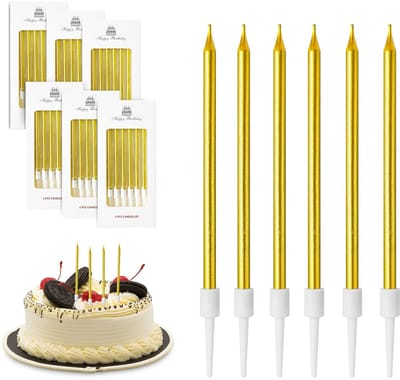 Dailygoods - Verjaardagskaarsen voor taart, 36 stuks, dunne lange gouden taartkaarsen met houders, voor verjaardagskaarsen, kinderen en volwassenen, voor decoratieve verjaardagstaart, babyshower