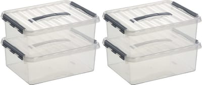 4x sunware q-line opberg box/opbergdoos - 12 liter - 40 x 30 x 14 cm - kunststof - opslagbox - transparant/zilver
