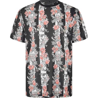Criminal Damage Heren-T-shirt met bloemmotief in krijtachtige strepen (Zwart)