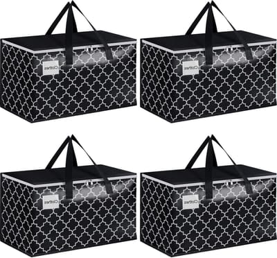 HomeHacks Heavy Duty verhuiszakken met labelzakken, opvouwbare opbergbakken voor verhuizen, kamperen en reizen -opvouwbare verpakkingsdozen, handgrepen met rits, zwart (4 stuks, 88 L)