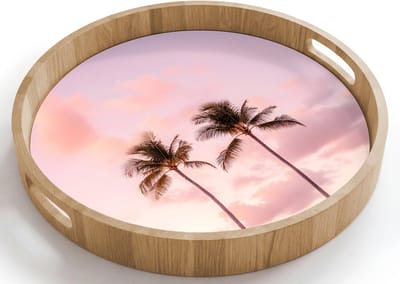 Dienblad rond 40x40 cm - Schootdienblad hout - Palmbomen - Paars - Wolken - Lucht - Borrelplank rechthoek - Plateau houten dienbladen