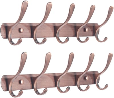 Kapstok wandmontage - Modern, metalen wandkapstok met 5 haken, verpakking van 2, stevige wandhaak rail voor het ophangen van jas, jasje, kleding, hoed, rood koper