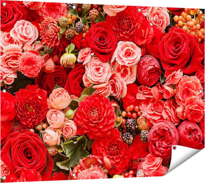 Gards Tuinposter Rode en Roze Bloemen met Fruit - Abstract - 120x90 cm - Tuindoek - Tuindecoratie - Wanddecoratie buiten - Tuinschilderij