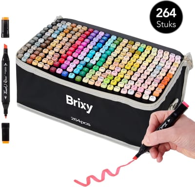 Brixy Twinmarkers 264 Stuks - Professionele Alcohol Markers - Dubbelzijdige Tip - Stiften - Opbergtas Met Houder