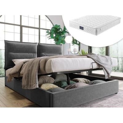 Merax Opbergbed met opbergruimte 140 x 200 cm - fluweel - lattenbodem - grijs + matras
