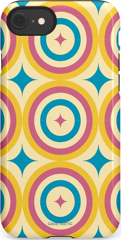 Casetastic hoesje geschikt voor Apple iPhone SE / Apple iPhone 7 / Apple iPhone 8 - Dubbellaagse bescherming - Swinging Retro Boogie Circles - Fashion Case - Crème Goud Lichtblauw Koraal